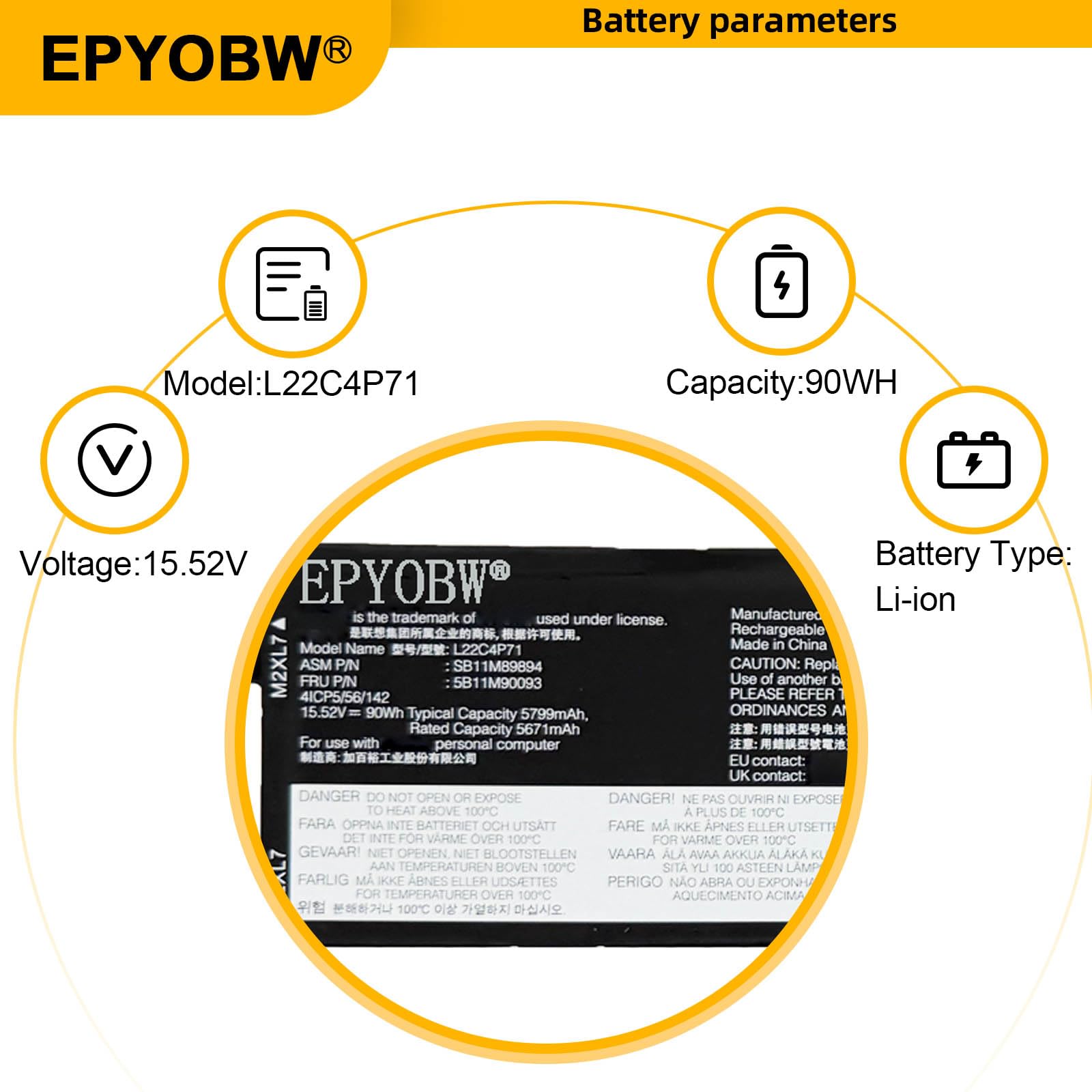 Amazon.com: EPYOBW L22C4P71 Laptop Battery 90Wh 5799mAh 4-Cell